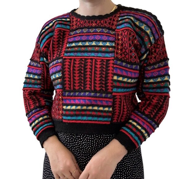 Vintage Peruvian Connection Womens Cropped Geometric Alpaca Hand Knit Sweater - Picture 1 of 7